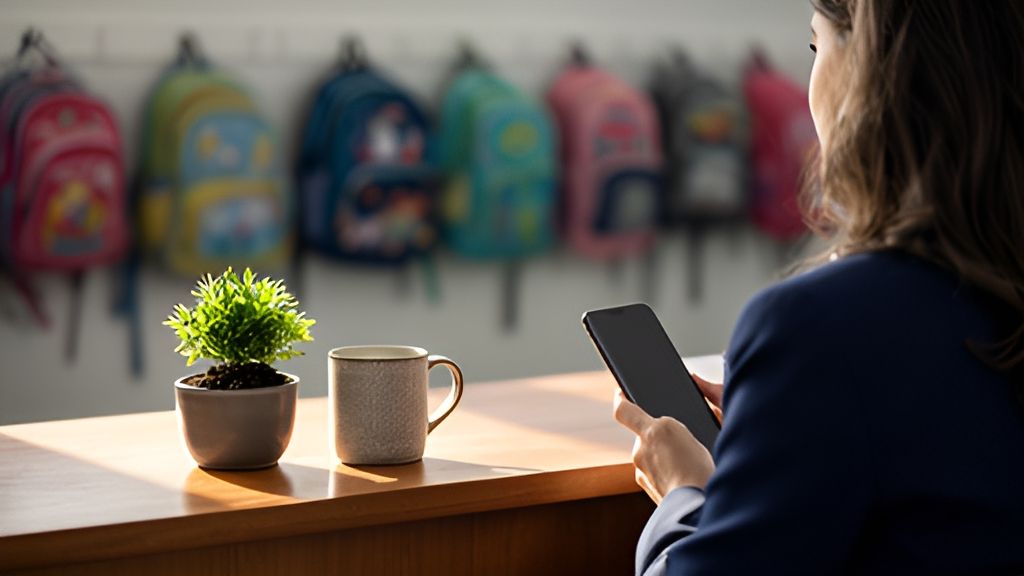 Secretária escolar com o celular na mão diante de mochilas penduradas, ilustrando o atendimento de matrícula pelo WhatsApp