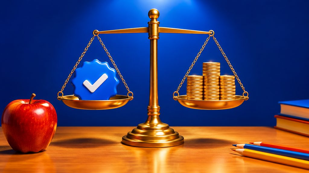 Balança dourada pesando um selo azul de verificado contra moedas, ilustrando se a escola deve pagar o Meta One no Instagram