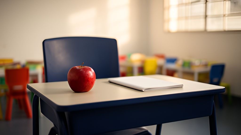 Mesa de professor vazia com uma maçã em sala de aula, ilustrando a rotatividade de funcionários na escola particular