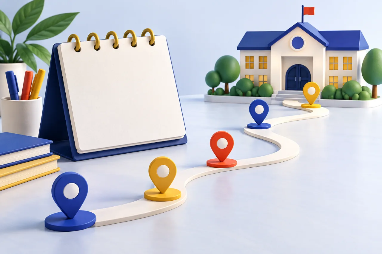 Calendário e caminho planejado até uma escola