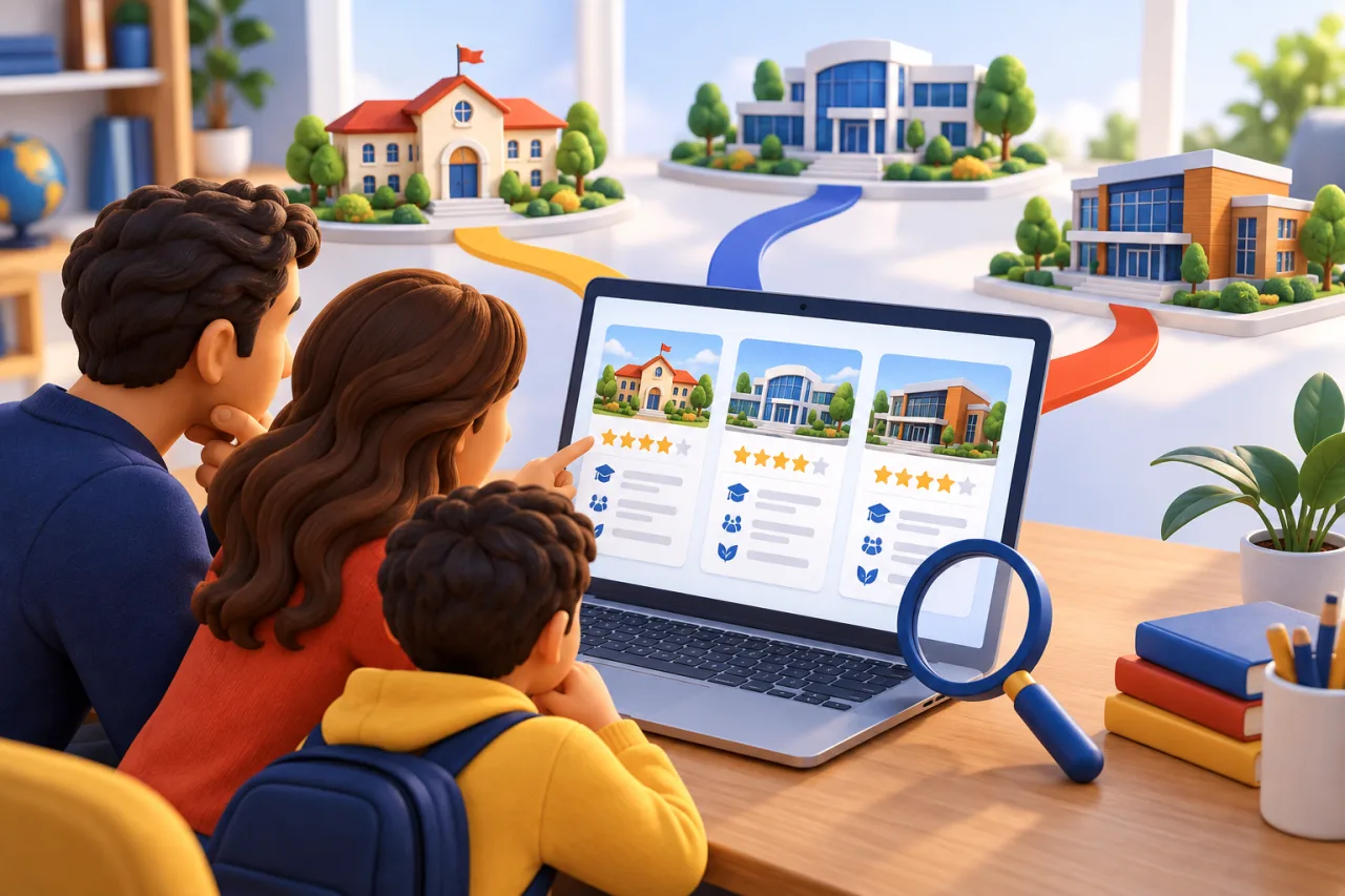 Família comparando instituições de ensino em um computador