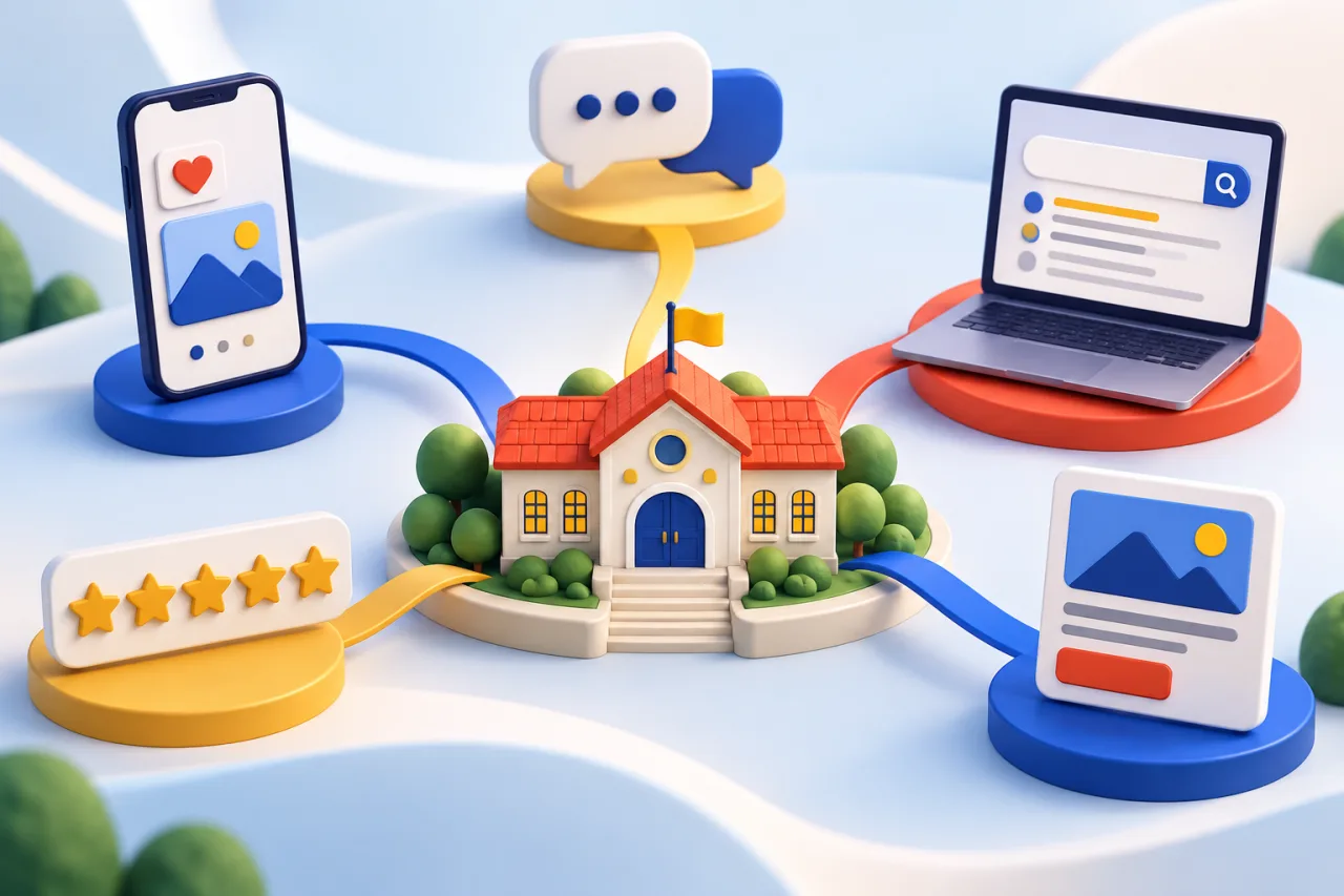 Escola conectada a canais digitais, buscas e avaliações