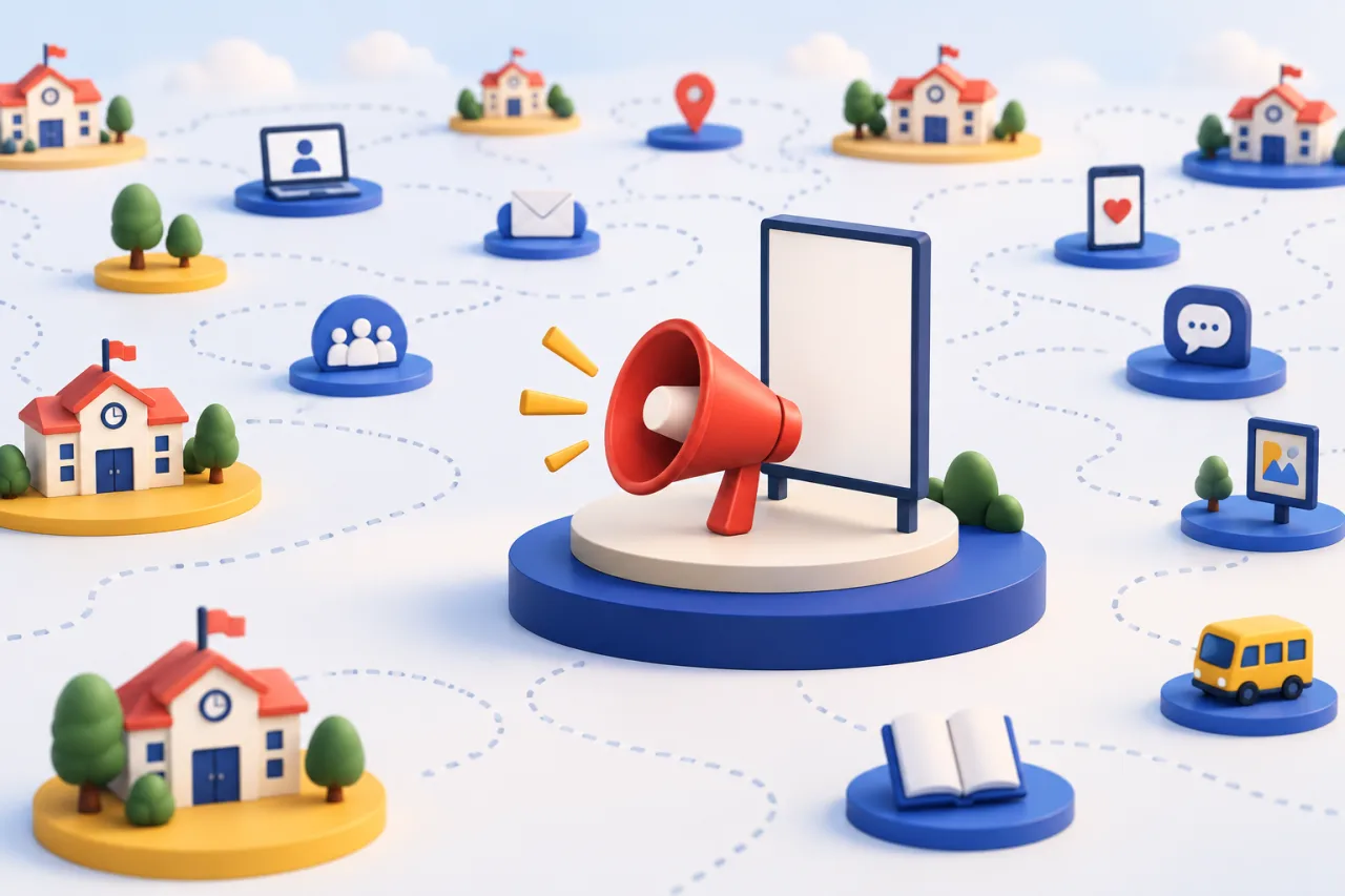 Megafone isolado diante de uma rede ampla de pontos de contato