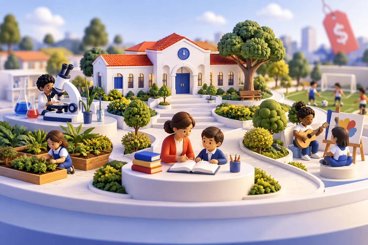 Escola com experiências de aprendizagem e atividades diversas